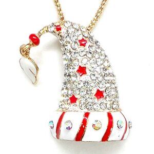 Santa HAT with Red Stars Christmas Pendant Necklace